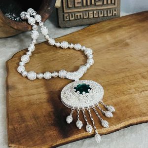 Yeşil Taşlı Telkari Gümüş Köstek Kolye