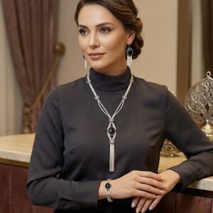 Oltu taşlı Midyat Hasırı Gümüş Set